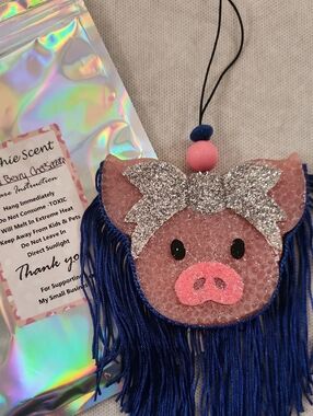 Glitter Pink Pig Freshie with Navy Fringe